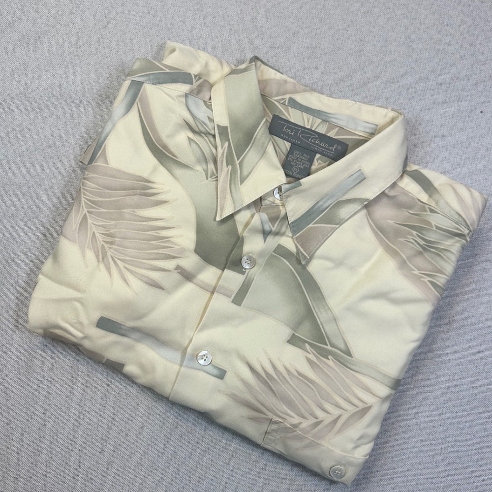 Tori Richard Shirt Mens XL Cream Silk Palm Leaf Tropical Aloha Button Up Classic
